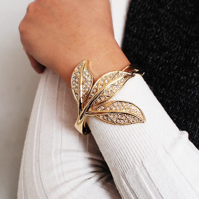 

Vintage Beautiful Rhinestone Bangle Bracelets Fashion Punk Alloy Leaf Statement Cuff Bangle For Women Accessories Jewelry, Gold, silver