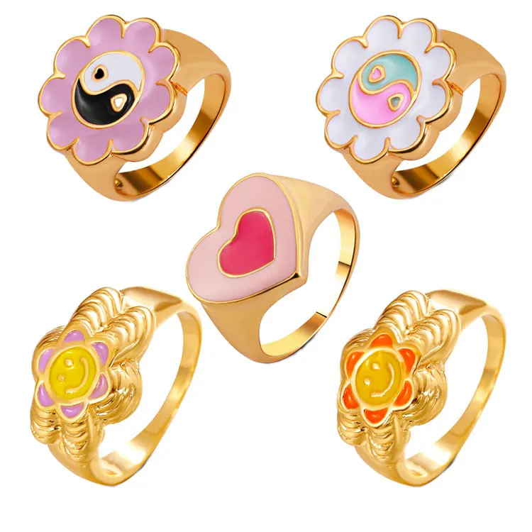 

SC Enamel Mushroom Rings Jewelry Women Gold Signet Rings Ins Stackable Yin Yang Sunflower Heart Y2K Chunky Rings for Teen Girls