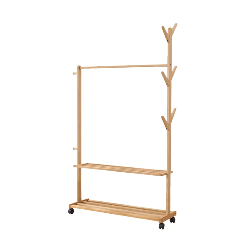 
Double layer Movable Clothes hanger wooden coat rack with shoe storage Wooden Free Standing Coat Rack vertical clothes hanger 