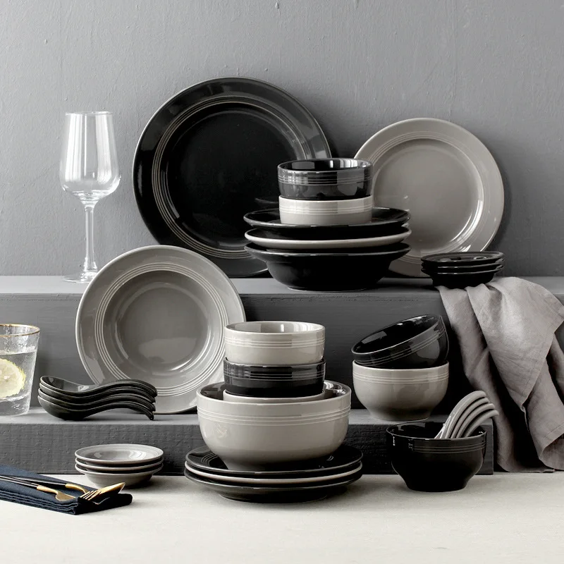 

Best Selling Modern Ceramic Bowl Set Dining Plate Set Premium Gray Black Full 32 Piece Ceramic Dinner Sets