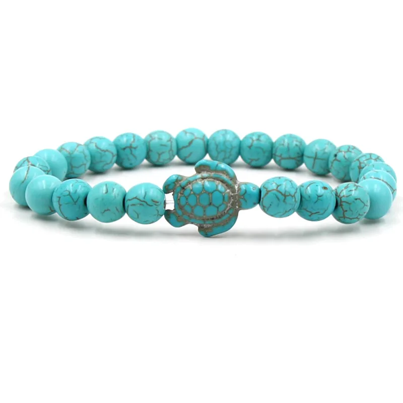 

Trendy Unisex Adjustable 8MM Natural Stone Beaded Bracelet Punk Elastic Turquoise Yoga Healing Blue Sea Turtle Charm Bracelet