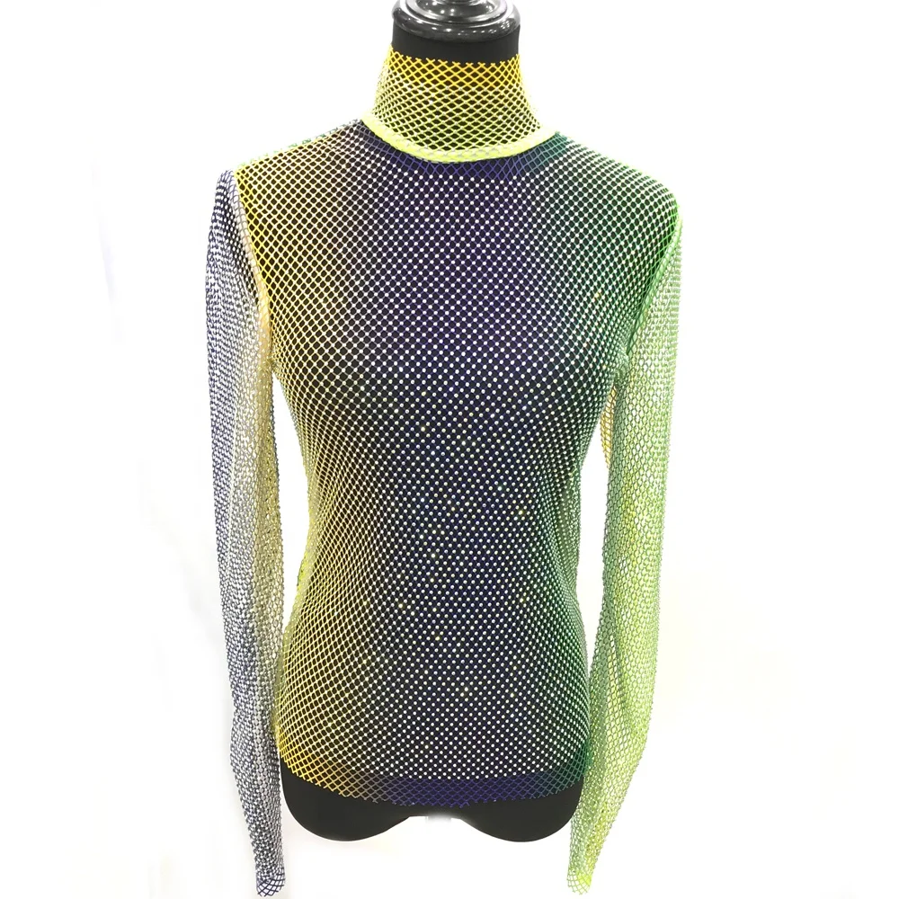 

S516 Colorful Crystal Fishnet Mesh Crop Top Mesh Hollow Out See Through Rhinestone Diamante Mesh Cover Up beach Club wear, Customized colors are ok to do