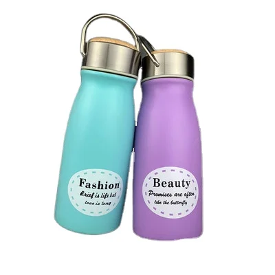 

Mikenda Creative fashion tote cartoon milk wood cover stainless steel vacuum thermos cup student portable water cup custom, Mix