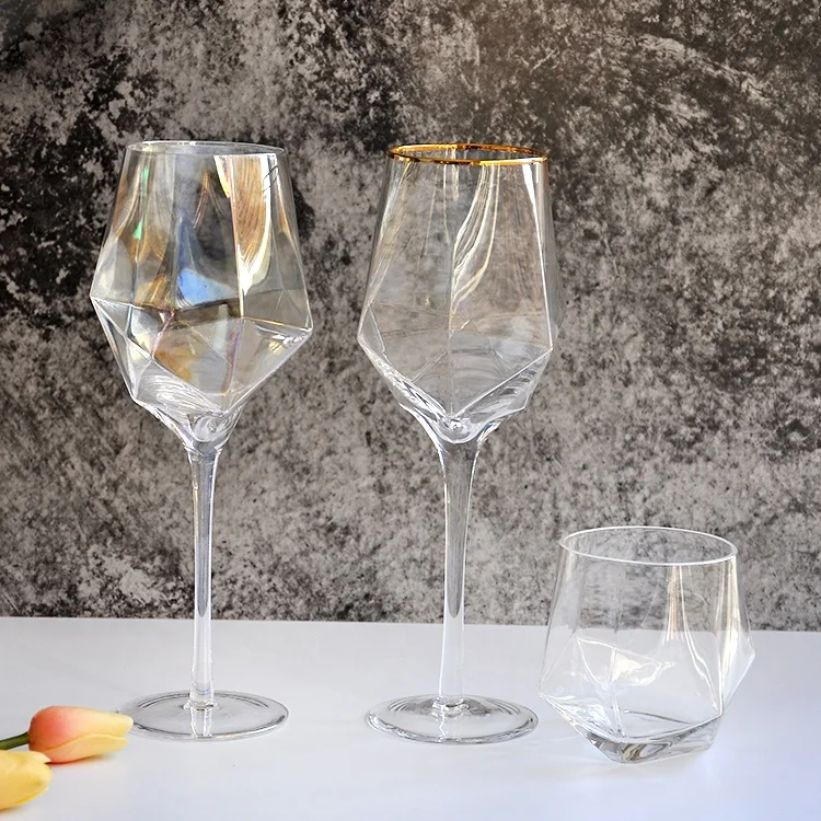 

Elegant diamond shape crystal clear glasses with gold rim wine glass for wedding