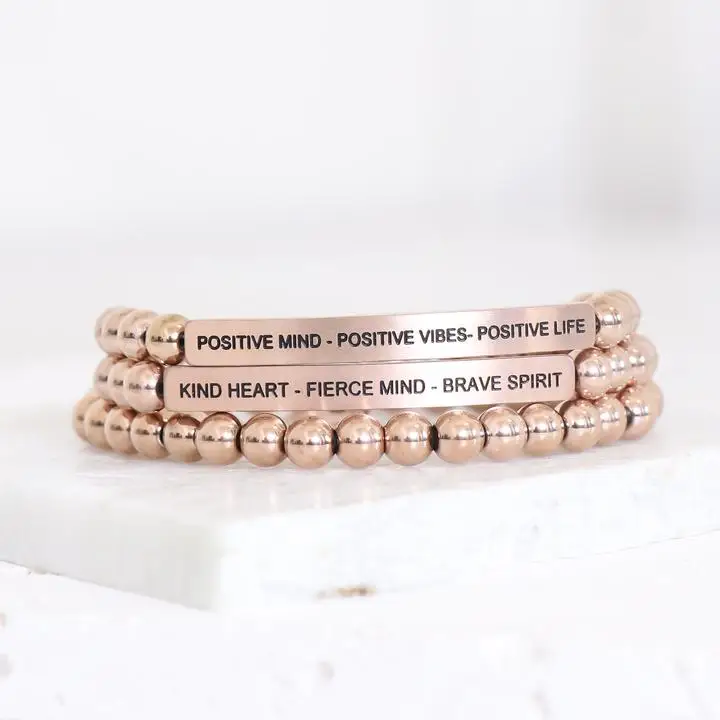 

Fine Stainless Steel Women Personalized Inspirational Friendship Couple Rose Gold Beads Charm Metal Bar Bracelet, Picture shows