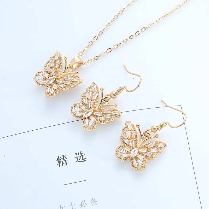 

18k Gold Plated CZ Crystal Butterfly Pendant Necklace Earrings Micro Pave Cubic Zirconia Butterfly Jewelry Set