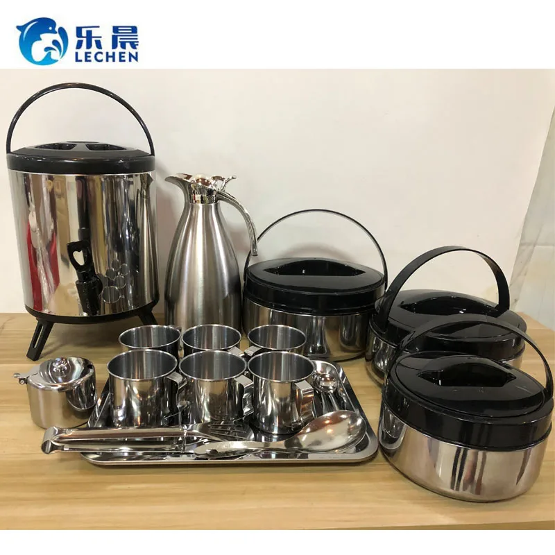 

21 pcs family set Stainless Steel pot set Lunch Box Container with milk tea bucket Food Warmer set Cups spoons and coffee pot, As photo