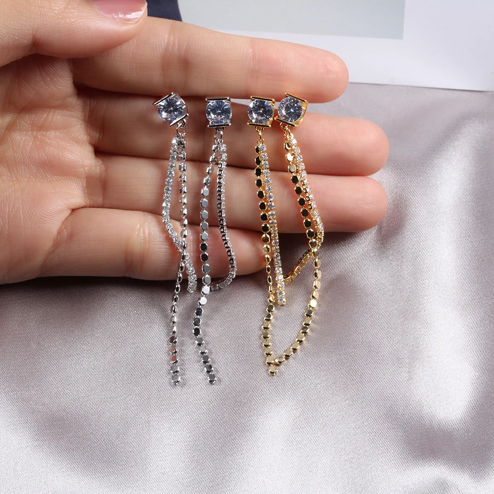 

925 Silver Earrings Korea New Design Tassel Ear Stud Earring Set Long Crystal Hoop Earring Women