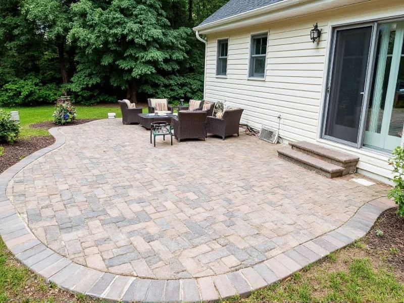 Finished patio with outdoor furniture showing clean paver joints and proper drainage