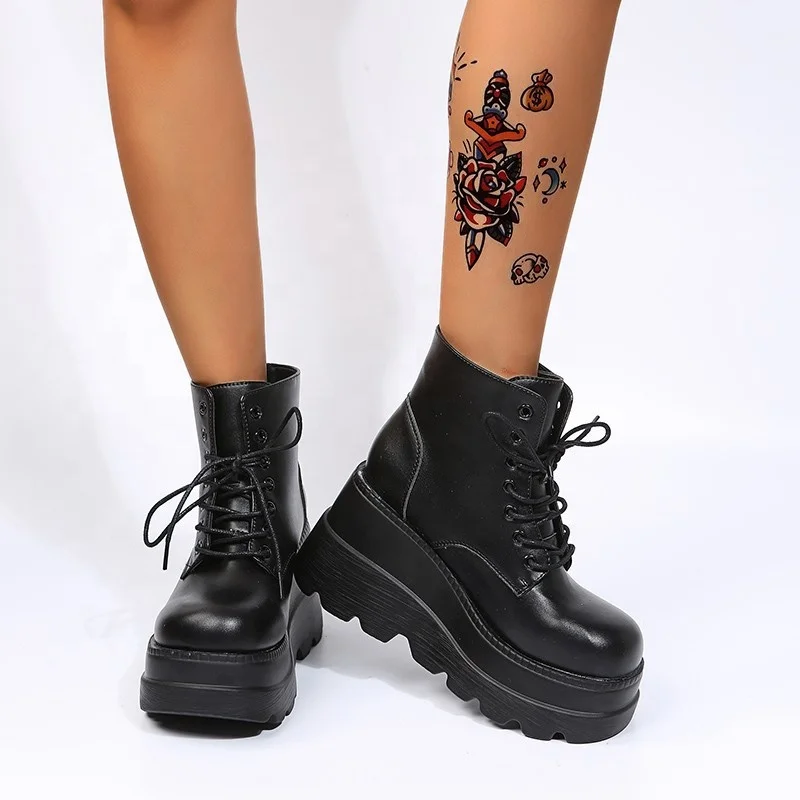 

Women's Patent PU Leather Punk Punk Chunky Boots Gothic Knight Lace Up Ankle Boots Platform Wedge Boots, Black