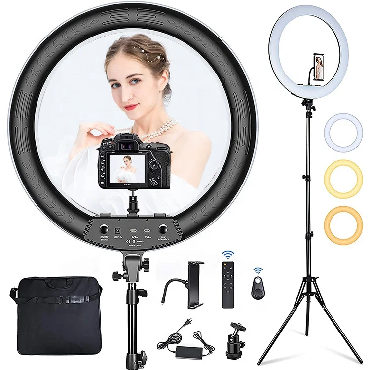 

Junnx 18 Inch LED Ring Light Photography photo Lamp Set 3200K-5600K Stepless Dimmable with 3 Phone Holders Remote Contr, Warm natuaral white