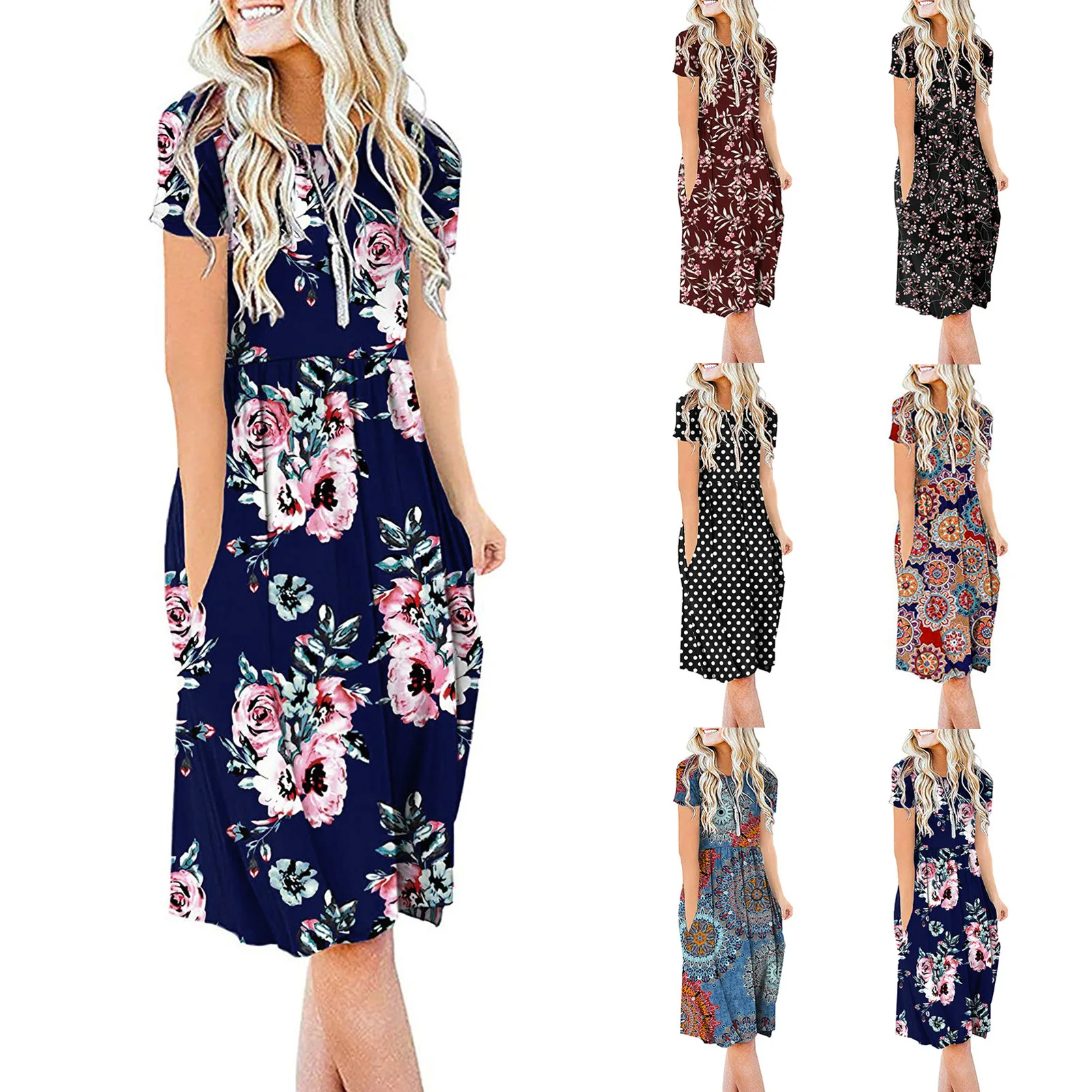 

2021 new Amazon colorful print waist short-sleeved home everyday casual dress