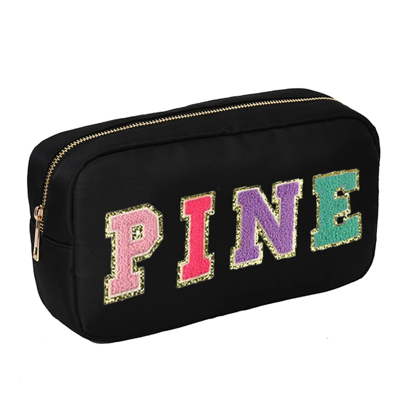 

Pine Waves Nylon Pouch With Varsity Letter Patches Bridesmaid Proposal Gift Makeup Bags Cute Cosmetic Pouch Bag