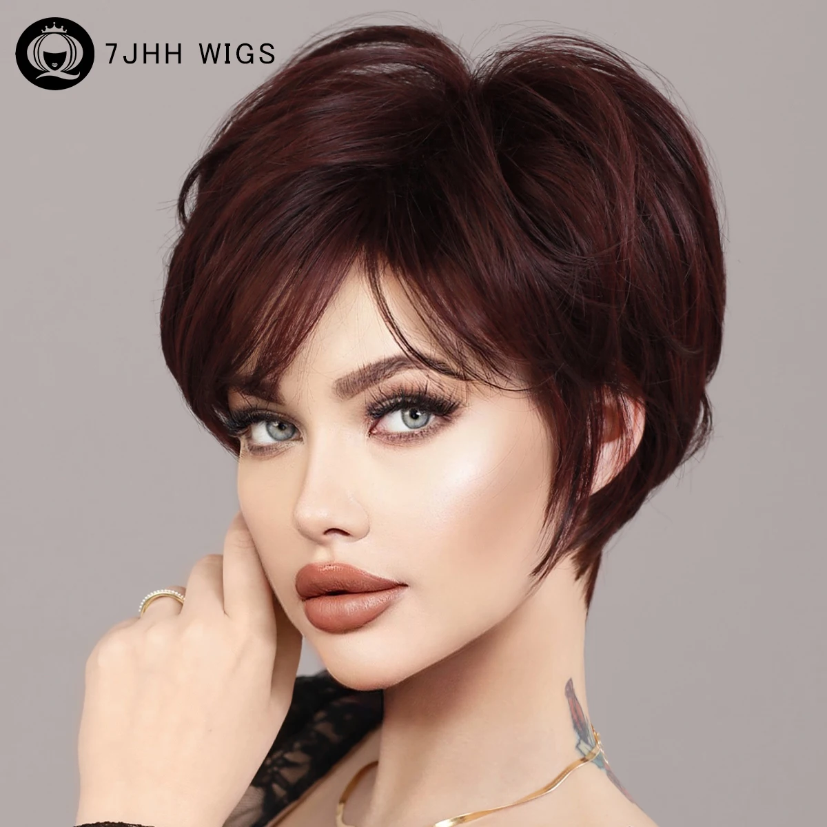 

Pixie Cut Hair Wigs with Bangs Ombre Red Color Wigs Cute Natural Looking Short Black and Burgundy Layered Wavy Wigs for Women