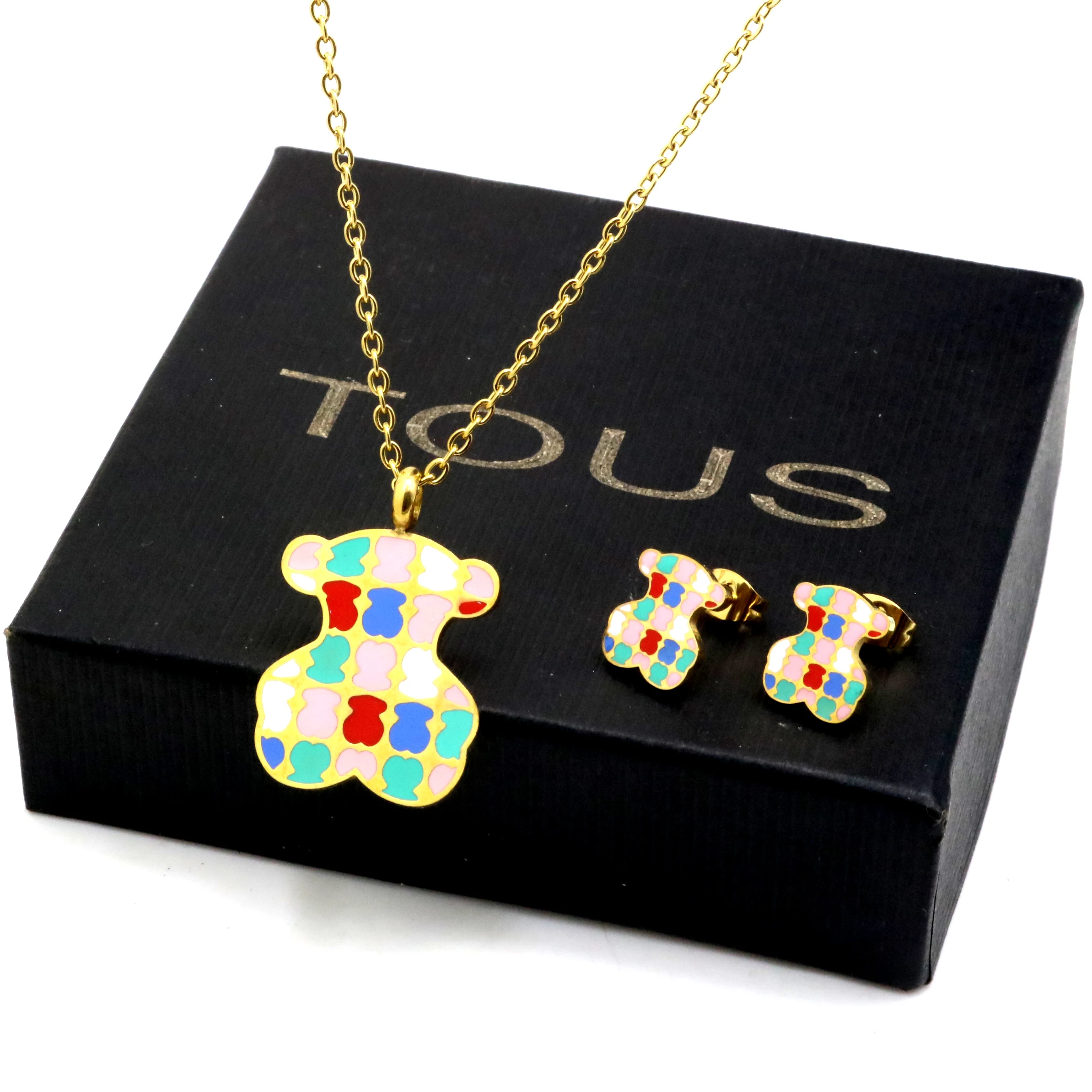 

AFXSION 2020 New Jewelry Christmas girl's gift Bear Pendant Necklace and Earrings Color Enamel Stainless Steel Jewelry Set, Picture