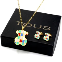 

AFXSION 2020 New Jewelry Christmas girl's gift Bear Pendant Necklace and Earrings Color Enamel Stainless Steel Jewelry Set