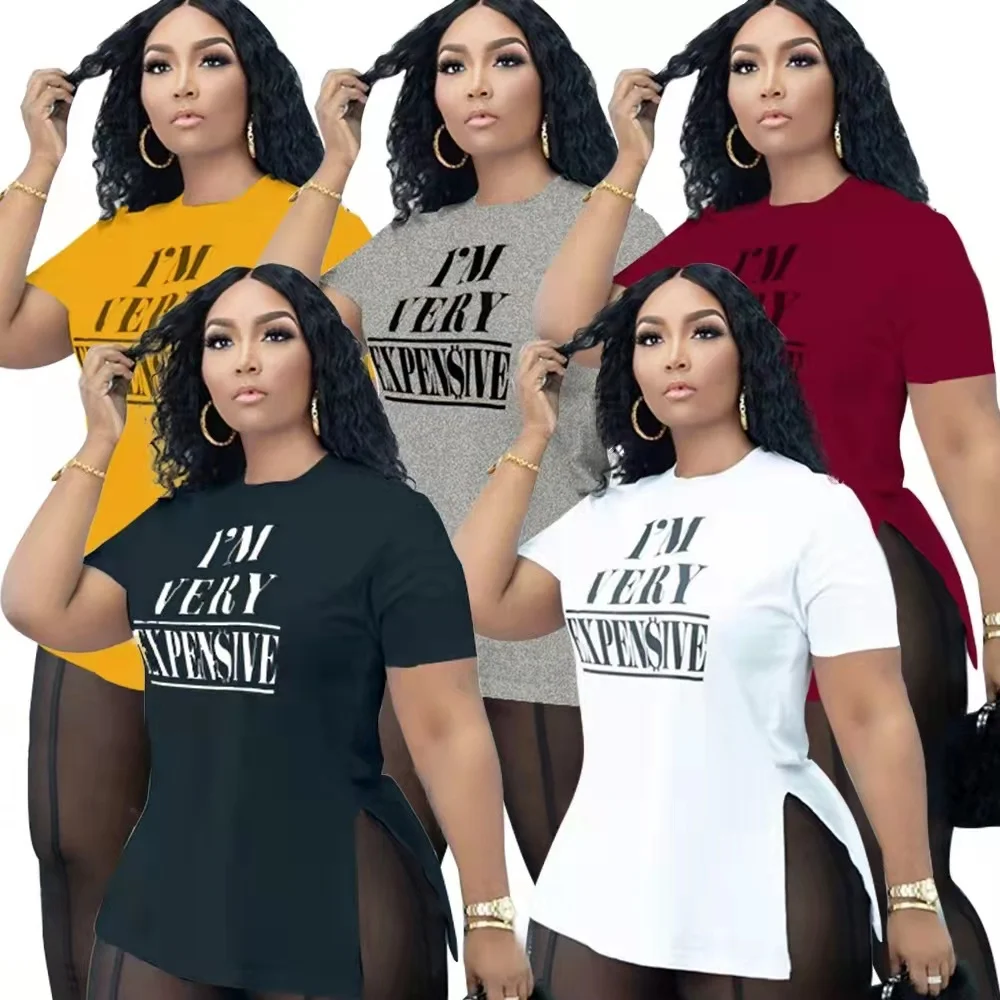 

Hot Sale Wholesale Short Sleeve Slit Blouse Women Casual Printing Plus Size T-Shirts