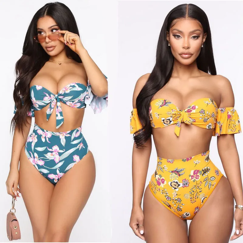 

High Quality 2021 Woman Sexy Split Bikini Soft And Highly Elastic Floral Style High Waist Teen Swimsuit, As pictures