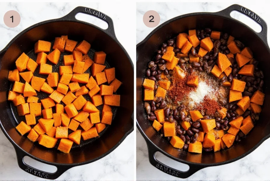 Vegetarian sweet potato chili in cast iron pot