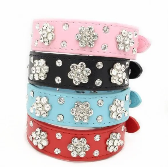 

Luxury Design Row Crystal Flowers Rhinestone Studded PU Leather Pet Dog Collar