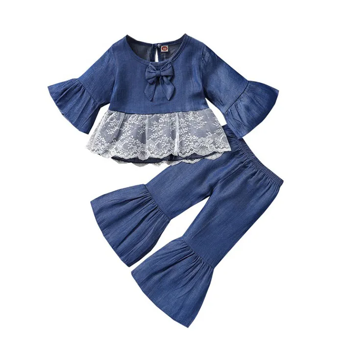 

2021 New Arrival Kids Blue Lace Patched Bell Sleeve and Bell Bottom Pants Girls Set Clothes
