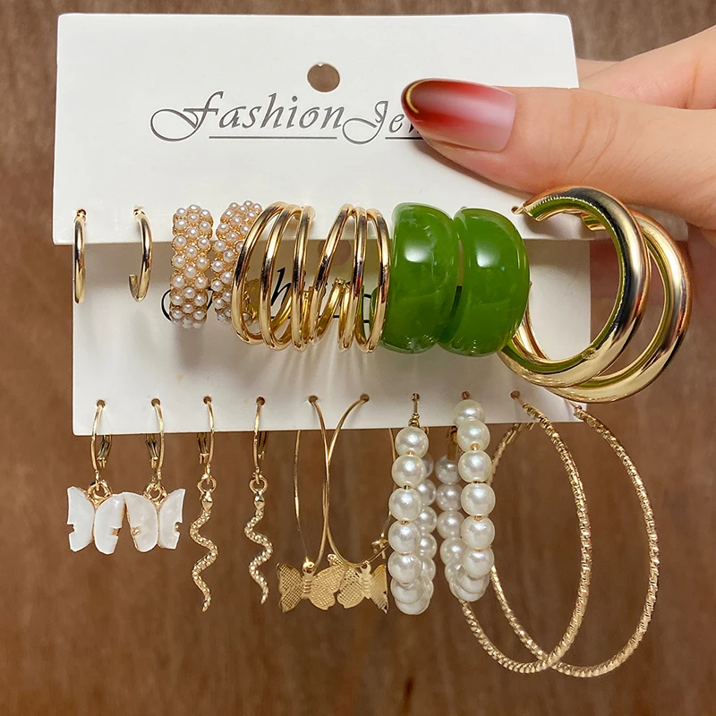 

17KM Bohemian Gold Snake Butterfly Tassel Drop Earrings Set Mixed Pearl Acrylic Resin Hoop Earrings for Women Jewelry