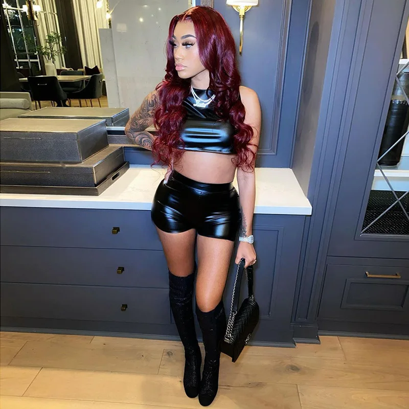 

2021 Summer wear backless PU leather tank top shorts outfits women two piece sets, As picture or customized color