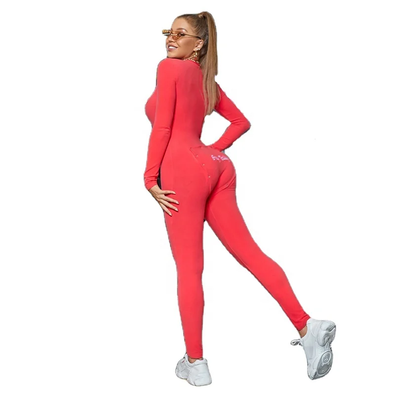 

2020 Winter Custom Logo Ladies V Neck Hey Baby Embroidery Sport Bodycon Outfits One Piece Jumpsuit, Multi color