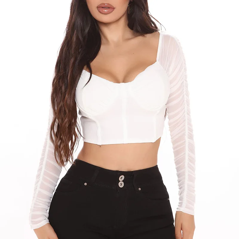 

KQ-326 New fashion sexy see-through mesh crop tops women long sleeve bodycon strapless pleated blouse tops for summer, As picture