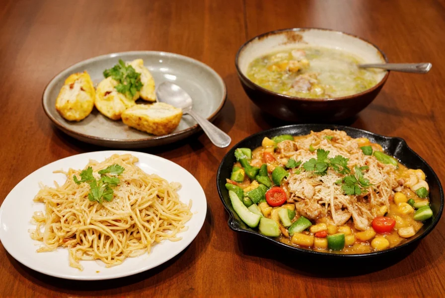 Authentic Thai food dishes including Pad Thai, Green Curry, and Tom Yum soup arranged on a wooden table