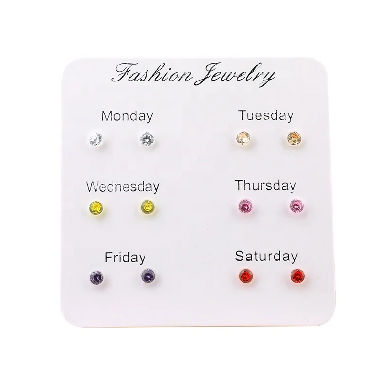 

6 pairs of cycle resin studs earring combination wild simple small clear student zircon earrings Korean temperament ear jewelry, White,golden,yellow,red,purple,blue,black