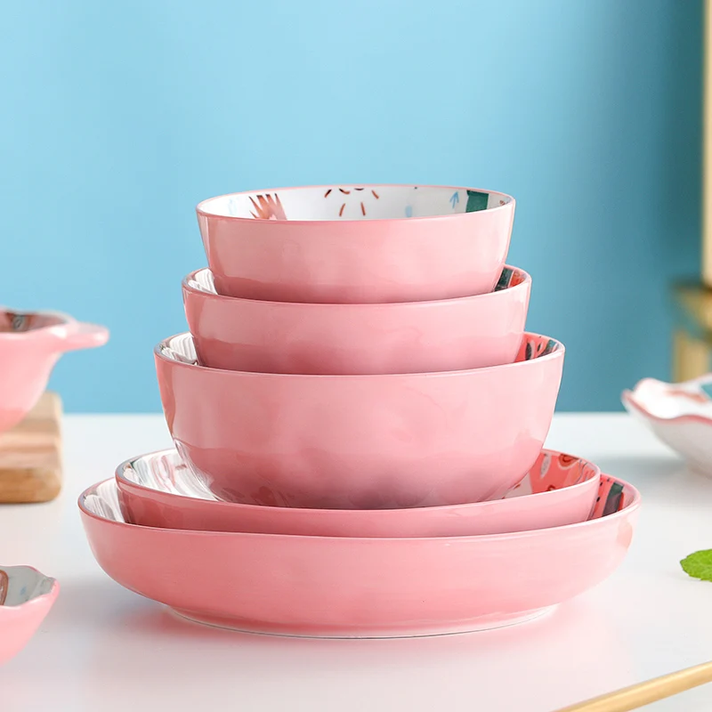 

6'' Household ceramic Decorative Bowl Supplies, Pink Glazed hand painting cartoon design ceramic bowl set, Blue