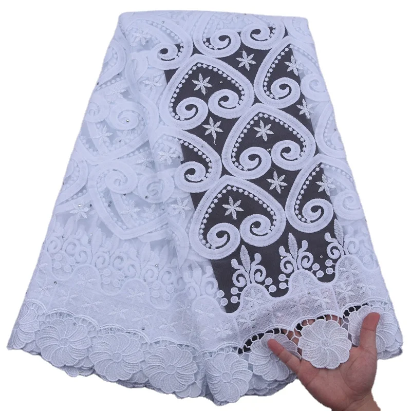 

Premium White Lace Fabric African With Rhinestones For Nigerian Wedding Party Milk Silk Lace Fabric For African Style 2175, As picture