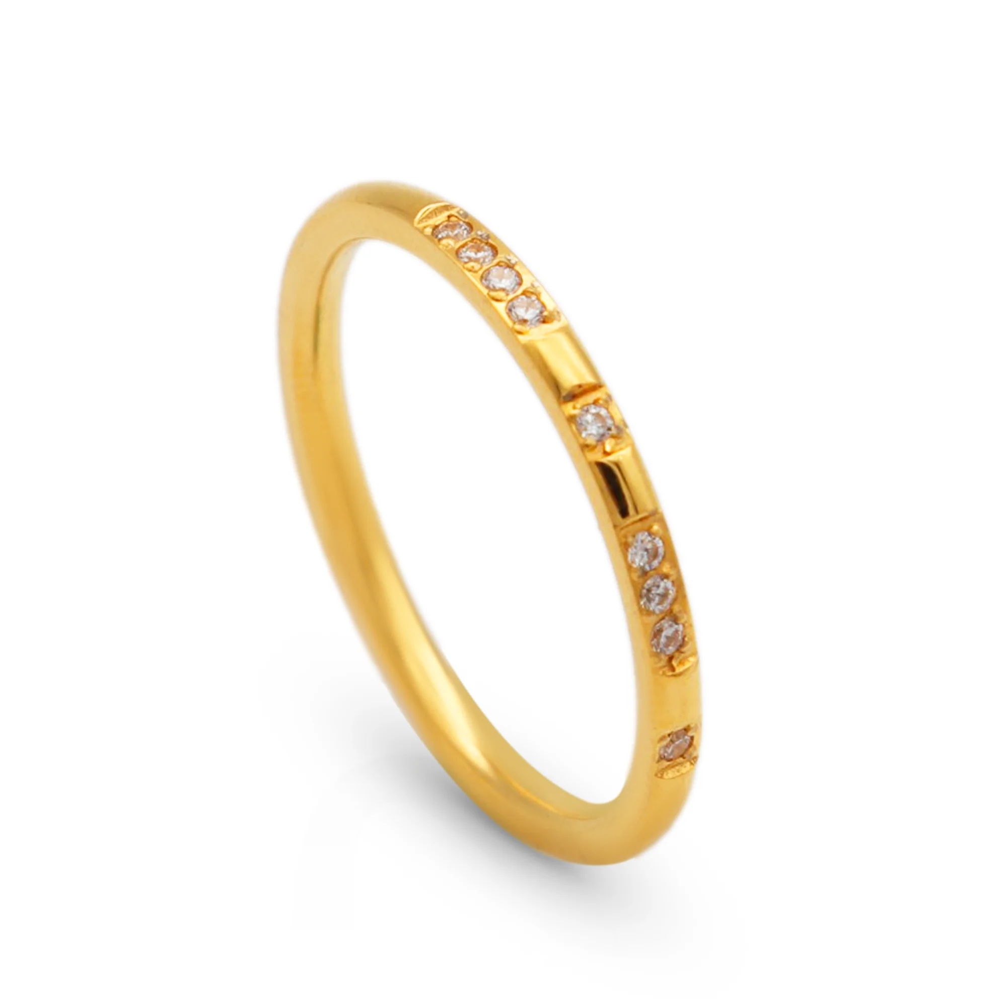 

Chris April non tarnish 316L stainless steel PVD 18k gold plated minimalist thin zircon CZ paved finger wedding ring