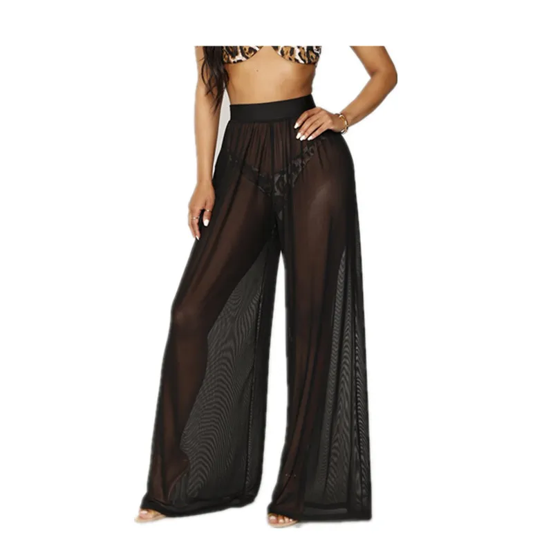 

New Arrival Women See Through Wide Leg High Waist Trousers Beach Long Mesh Sheer Pants Hot