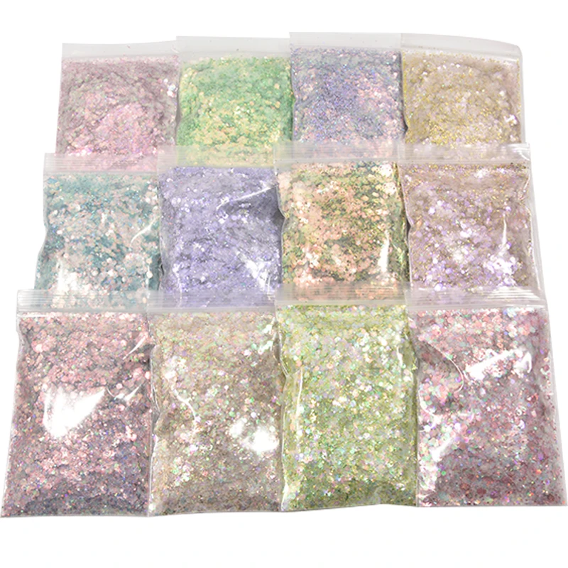 

12 Color 1kg/color Cosmetic Holographic Chunky Laser Holo Bulk Craft Glitter Flake Nail Polish Flake For Nail Art Glitter