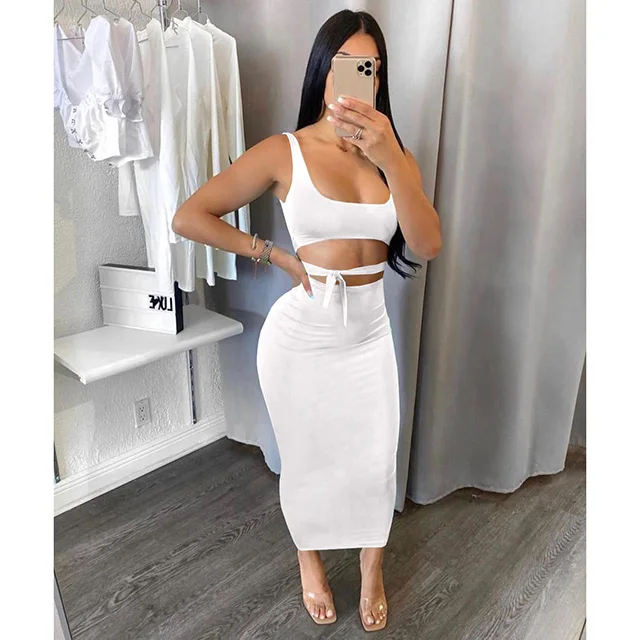 

2021 Sexy Casual Trendy Sleeveless Women Crop Tops Set Tanks & Skirts Ladies Long Skirt And Top Set, White,black,pink,purple,orange,green,wine red