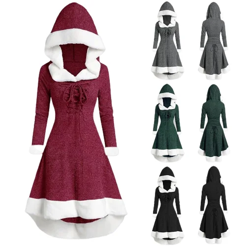 

2021 Autumn Winter Hot New Hooded Splicing Maomoli Hem Irregular Long Sleeve Lace-Up Dress For Christmas, Picture color
