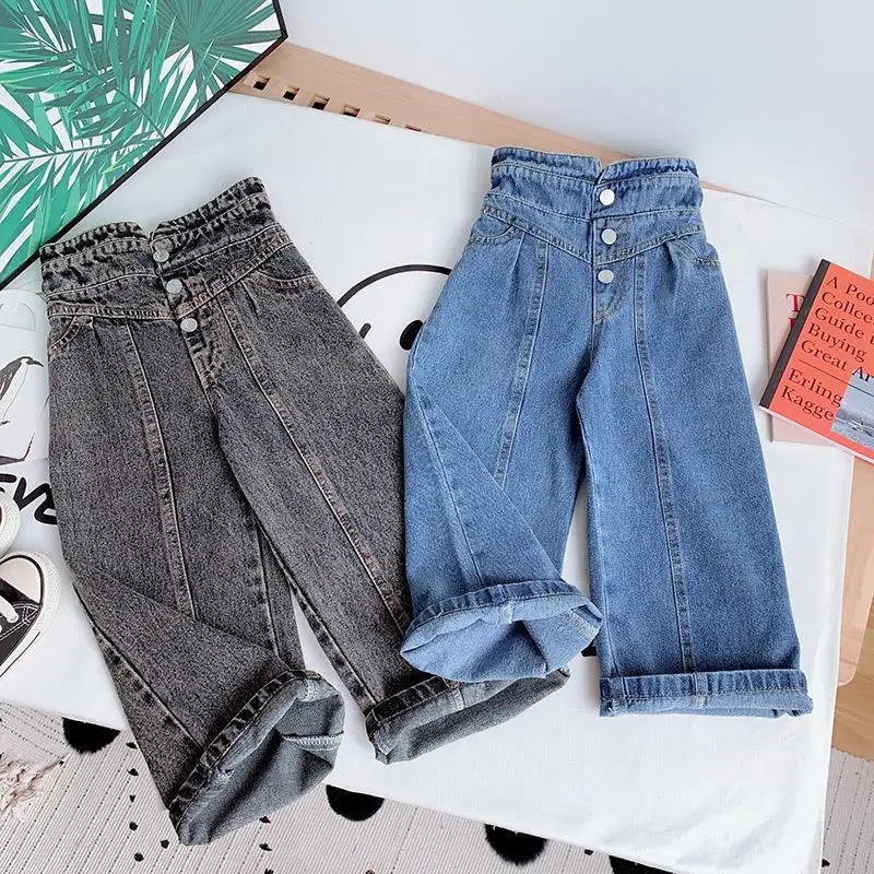 

Spring Autumn Girls Jeans Baby Denim Pants Kids Wide Leg Trousers Children Bottoms Streetwear High Waist Buttons pants