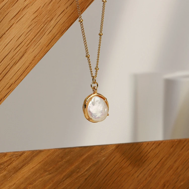 

Stainless steel bezel setting Natural freshwater pearl button pendant drop 14K gold plated French baroque pearl necklace, Optional as picture,or customized