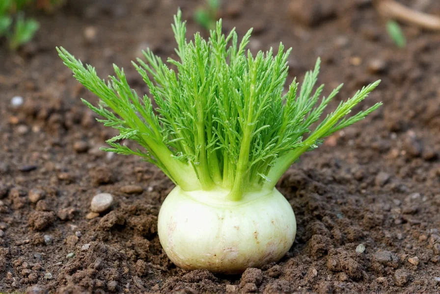 Fennel plant growing in garden soil showing bulb development and feathery fronds