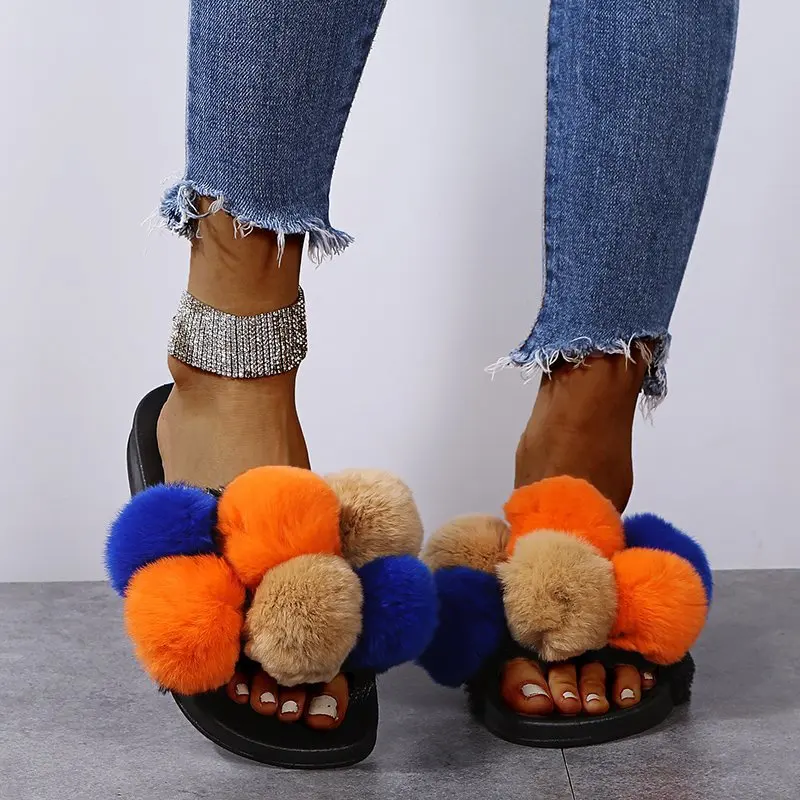 

2021 new type foreign trade wool ball one word drag fashion female true fox raccoon fur children cold slippers cross border, Customized color