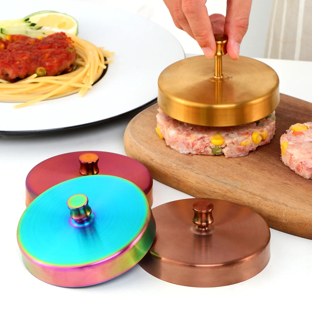 

Kitchen Round Shape Hamburger Press Stainless Steel Beef Meat Burger Making Mold, Silver, gold, rose gold,rainbow no.0