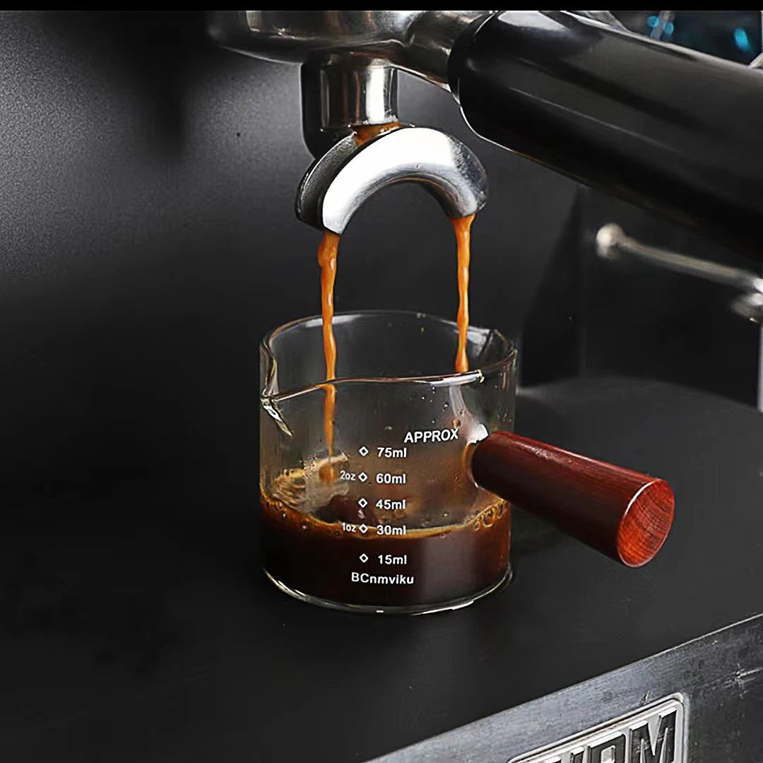 

4Pack Espresso Coffee Measuring Glass Cups Wooden Handle Mini Small Milk Jug With Handle Milk Jar Juice Hopper Pour Milk Jug, Transparent clear