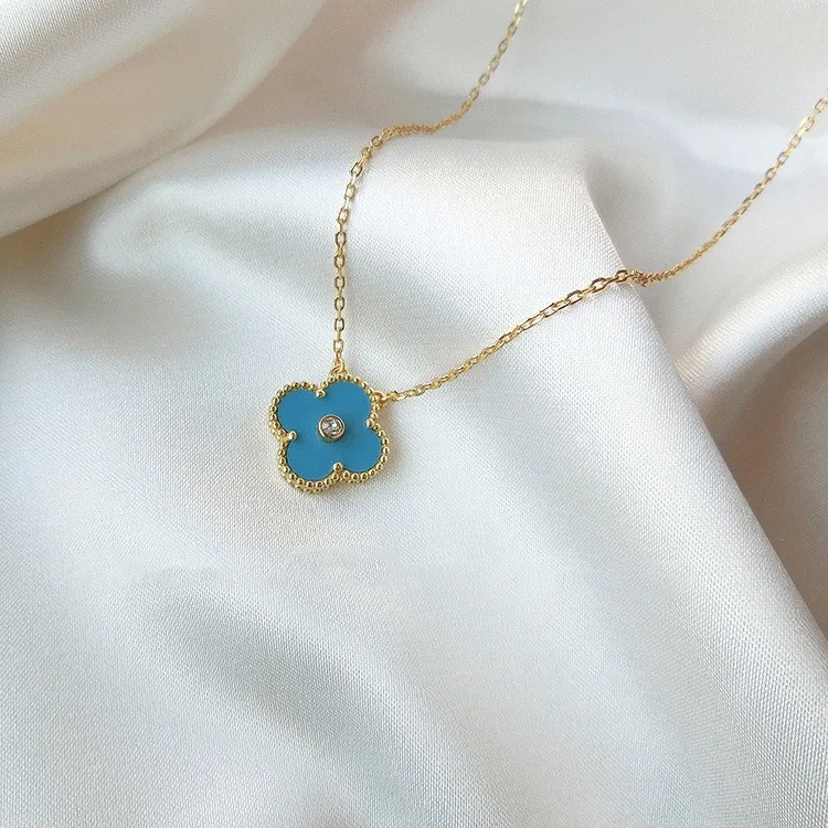 

New Plated Gold Jewelry Lucky Flower Four Leaf Blue Clover Pendant Chain Necklace For Women, Gold,platinum