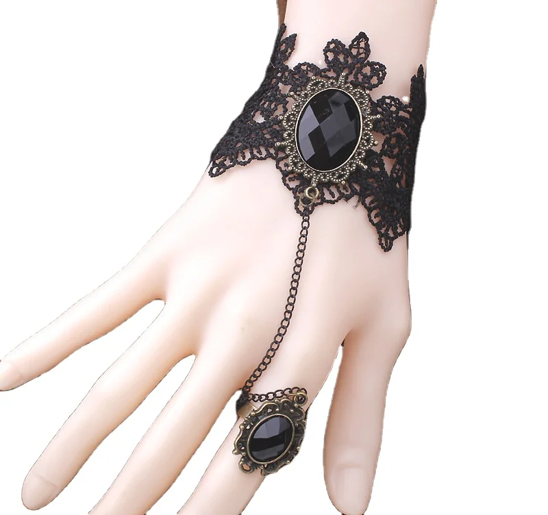 

Women Heart Rhinestone Vintage Bracelets Jewelry Black Sexy Lace Bangle