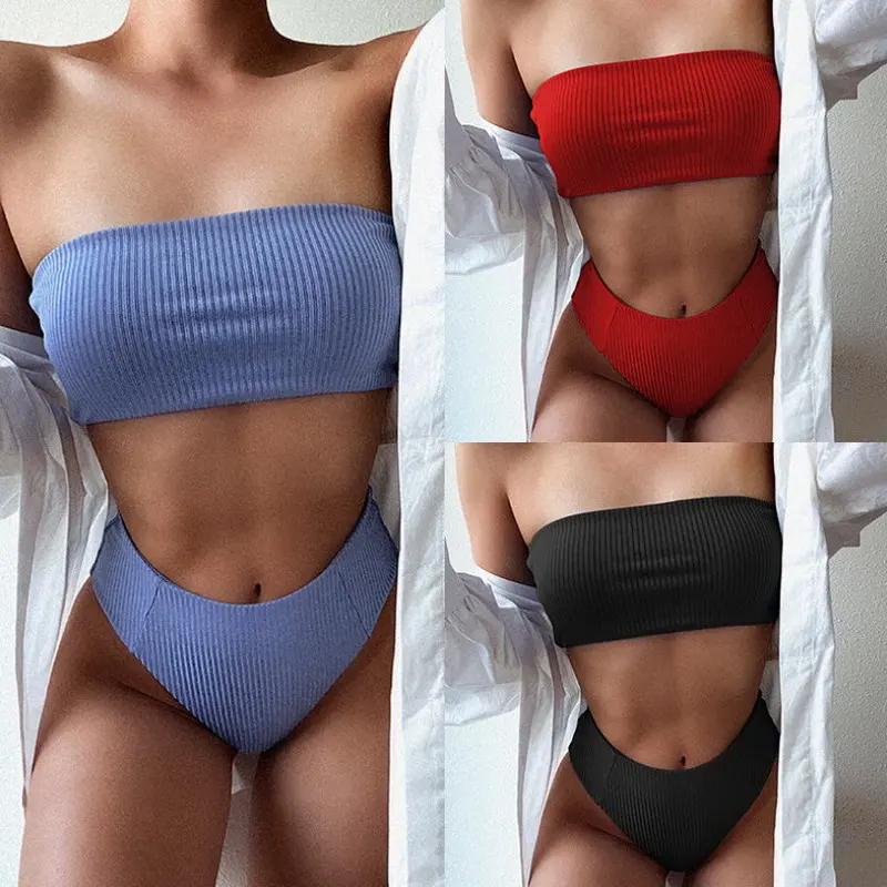 

Hot Selling New Bikini Sexy Bra Leopard Solid Color High Waist Swimsuit Women Split Two Piece Swimwear