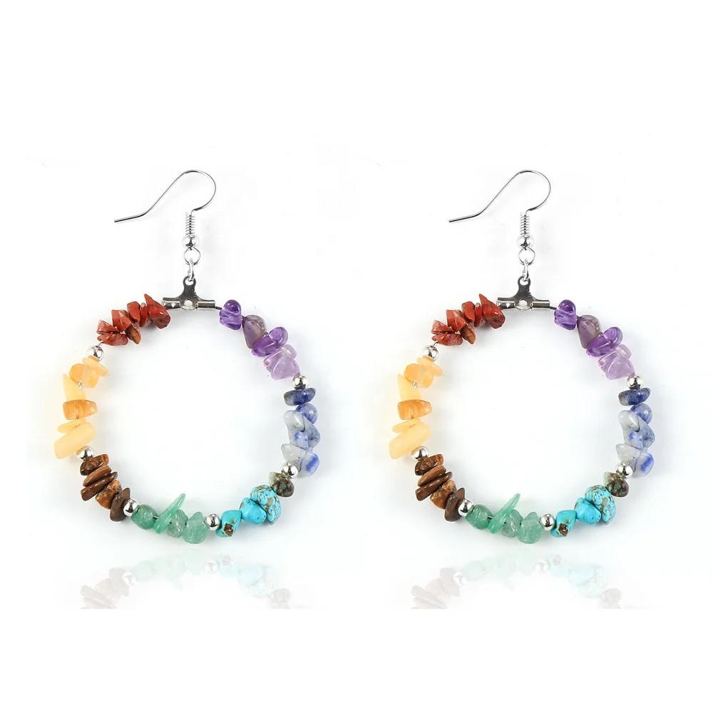 

Nabest Women Natural Stone Chips Gravel 7 Chakras 6mm Beads Circle Hoop Dangling Earrings Jewelry