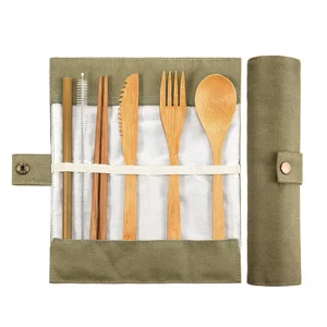 Image of wholesale Bamboo Cutlery Set Bamboo Travel Utensils Include Reusable Knife Fork Spoon Chopsticks Straws