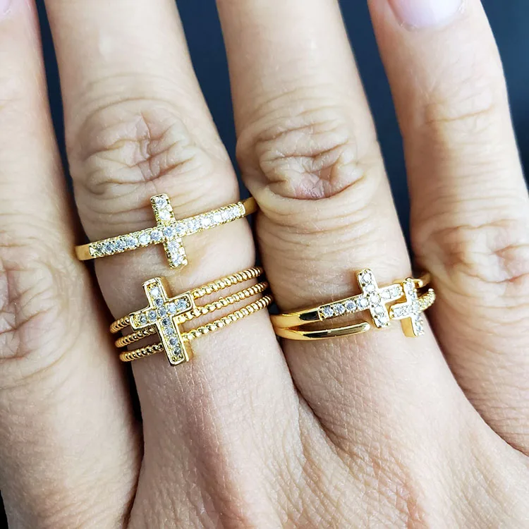 

RM1136 Chic Dainty Diamond CZ Micro Pave Sideways Cross Religious Finger Rings
